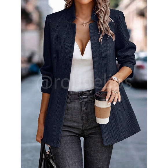 Rouge! Jackets & Blazers - Navy Blue Casual Jacket Blazer Open Front Overcoat Faux Side Pockets Long Sleeve